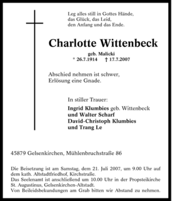 Traueranzeige von Charlotte Wittenbeck von Tageszeitung