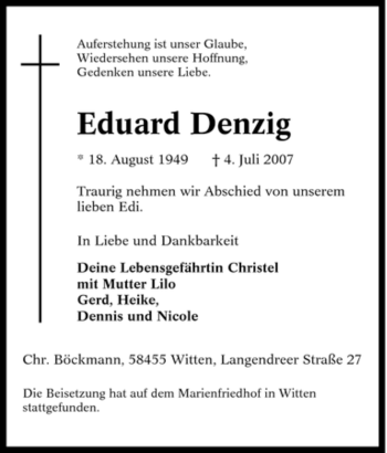 Traueranzeige von Eduard Denzig von Tageszeitung