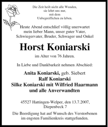 Traueranzeige von Horst Koniarski von Tageszeitung