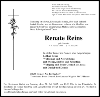 Traueranzeige von Renate Reins von Tageszeitung