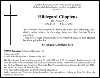 Traueranzeige von Hildegard Cöppicus von Tageszeitung