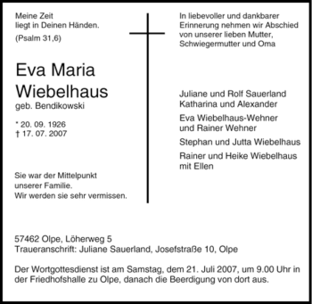 Traueranzeige von Eva Maria Wiebelhaus von Tageszeitung
