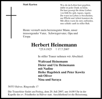 Traueranzeige von Herbert Heinemann von Tageszeitung