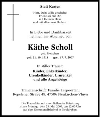 Traueranzeige von Käthe Scholl von Tageszeitung