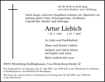 Traueranzeige von Artur Liebich von Tageszeitung