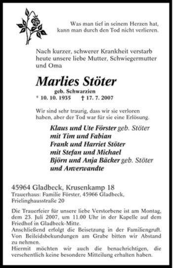 Traueranzeige von Marlies Stöter von Tageszeitung