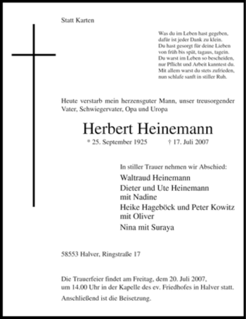 Traueranzeige von Herbert Heinemann von Tageszeitung