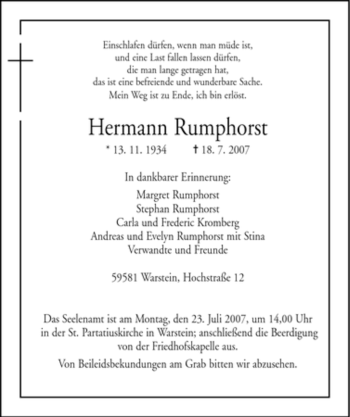 Traueranzeige von Hermann Rumphorst von Tageszeitung