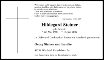 Traueranzeige von Hildegard Steiner von Tageszeitung