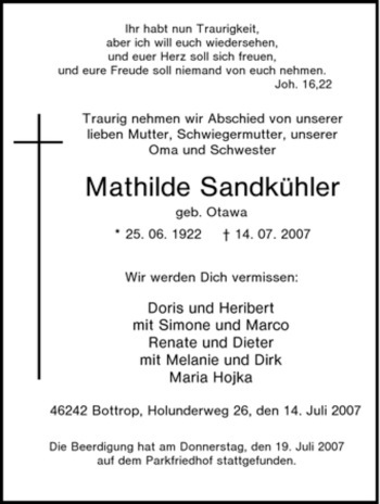 Traueranzeige von Mathilde Sandkühler von Tageszeitung