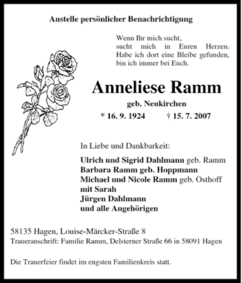 Traueranzeige von Anneliese Ramm von Tageszeitung