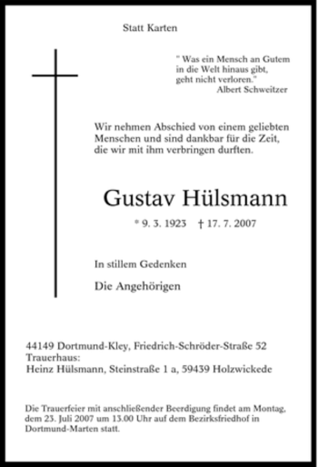 Traueranzeige von Gustav Hülsmann von Tageszeitung