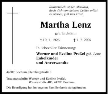Traueranzeige von Martha Lenz von Tageszeitung