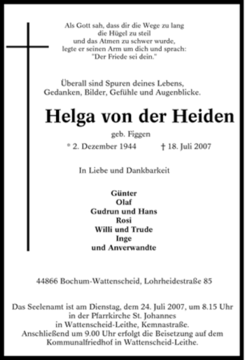 Traueranzeige von Helga von der Heiden von Tageszeitung