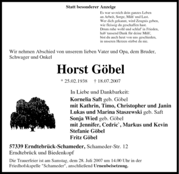 Traueranzeige von Horst Göbel von Tageszeitung