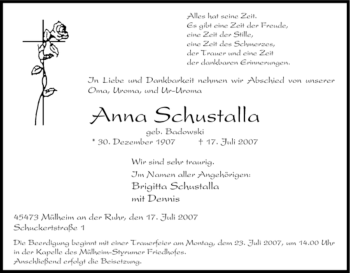 Traueranzeige von nna Schustalla von Tageszeitung