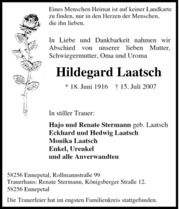 Traueranzeige von Hildegard Laatsch von Tageszeitung
