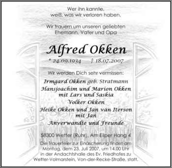 Traueranzeige von Alfred Okken von Tageszeitung