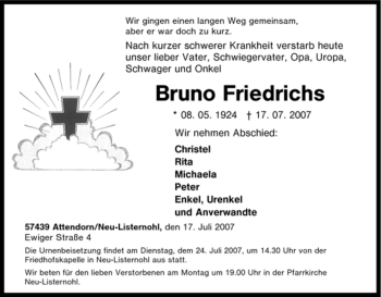 Traueranzeige von Bruno Friedrichs von Tageszeitung
