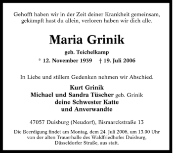 Traueranzeige von Maria Grinik von Tageszeitung