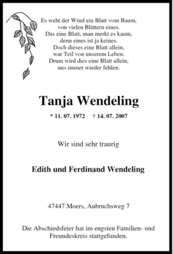 Traueranzeige von Tanja Wendeling von Tageszeitung