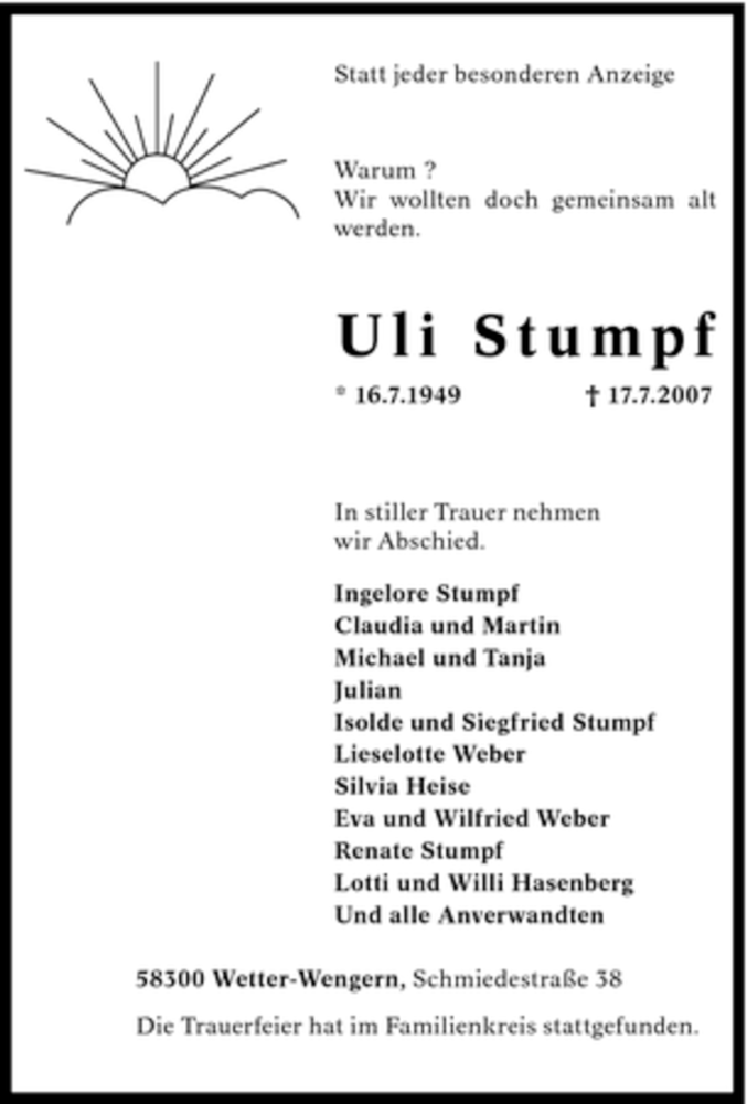  Traueranzeige für Uli Stumpf vom 21.07.2007 aus Tageszeitung