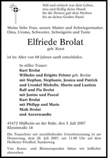 Traueranzeige von Elfriede Brolat von Tageszeitung