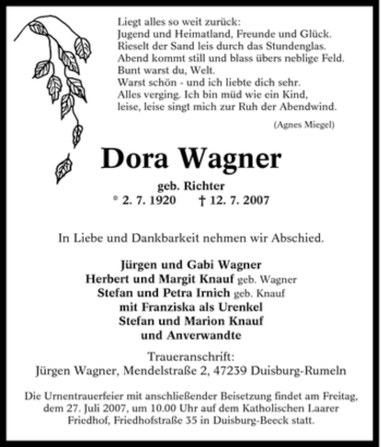 Traueranzeige von Dora Wagner von Tageszeitung