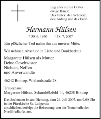 Traueranzeige von Hermann Hülsen von Tageszeitung