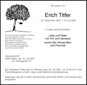 Traueranzeige von Erich Titfer von Tageszeitung