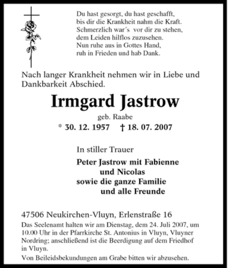  Traueranzeige für Irmgard Jastrow vom 21.07.2007 aus Tageszeitung