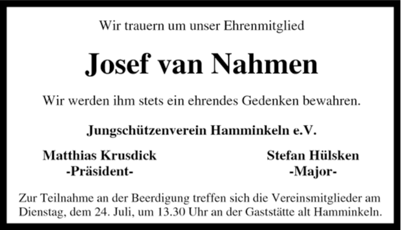  Traueranzeige für Josef van Nahmen vom 21.07.2007 aus Tageszeitung
