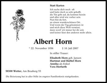 Traueranzeige von Albert Horn von Tageszeitung