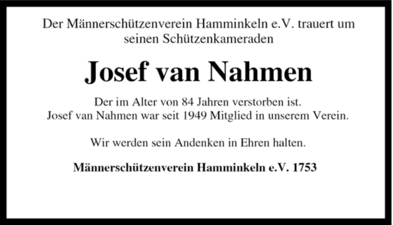  Traueranzeige für Josef van Nahmen vom 21.07.2007 aus Tageszeitung