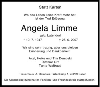 Traueranzeige von Angela Limme von Tageszeitung
