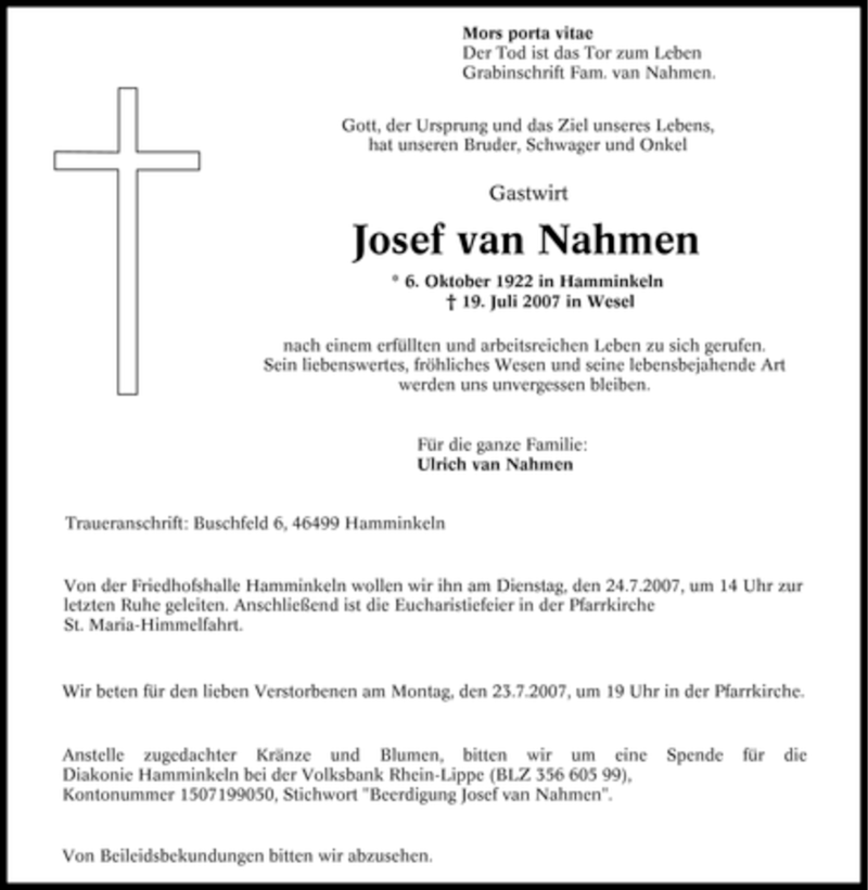  Traueranzeige für Josef van Nahmen vom 21.07.2007 aus Tageszeitung
