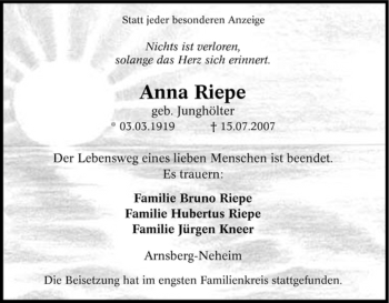 Traueranzeige von Anna Riepe von Tageszeitung