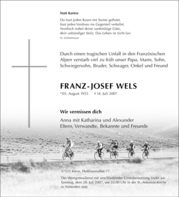 Traueranzeige von Franz-Josef Wels von Tageszeitung