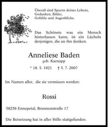 Traueranzeige von Anneliese Baden von Tageszeitung