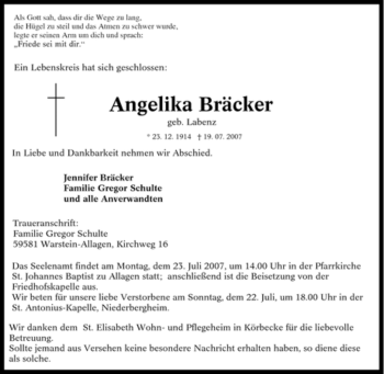 Traueranzeige von Angelika Bräcker von Tageszeitung