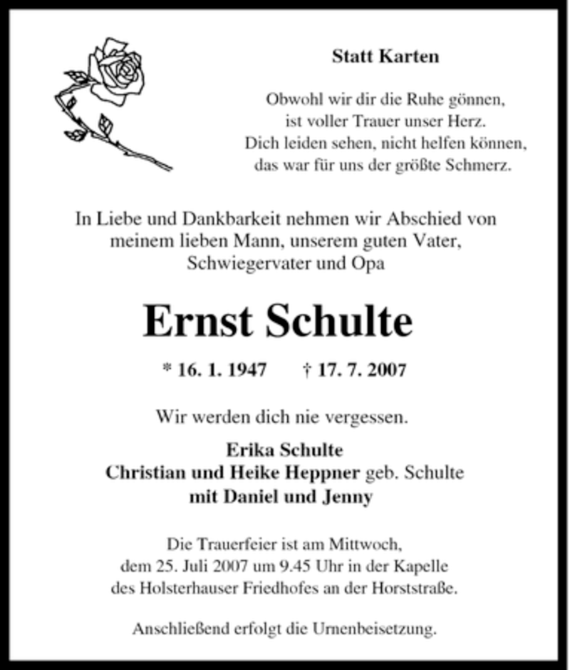  Traueranzeige für Ernst Schulte vom 21.07.2007 aus Tageszeitung