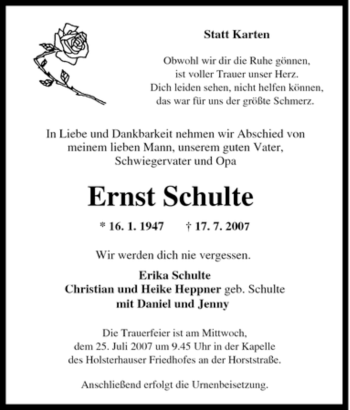 Traueranzeige von Ernst Schulte von Tageszeitung