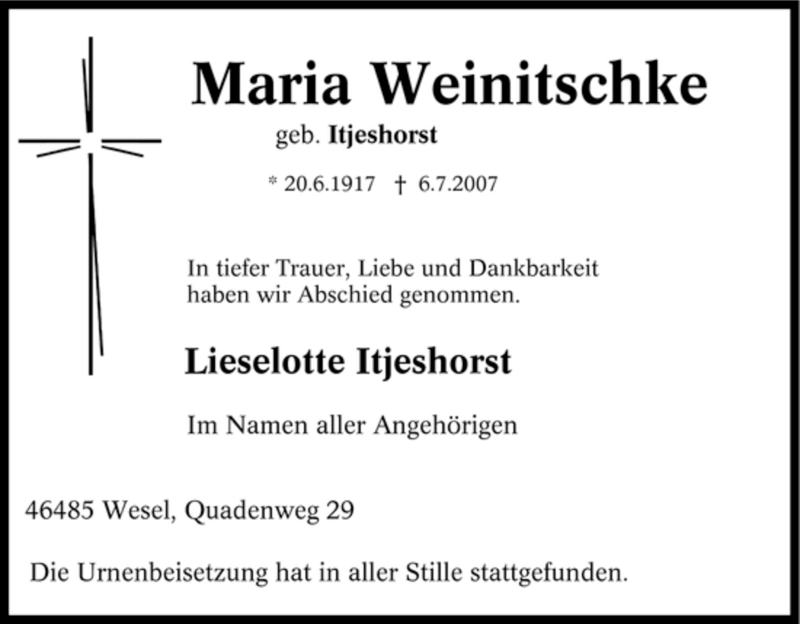  Traueranzeige für Maria Weinitschke vom 21.07.2007 aus Tageszeitung