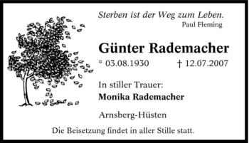 Traueranzeige von Günter Rademacher von Tageszeitung