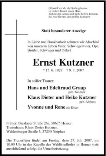 Traueranzeige von Ernst Kutzner von Tageszeitung