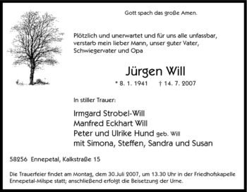 Traueranzeige von Jürgen Will von Tageszeitung