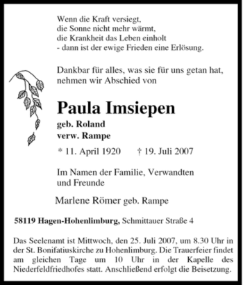 Traueranzeige von Paula Imsiepen von Tageszeitung