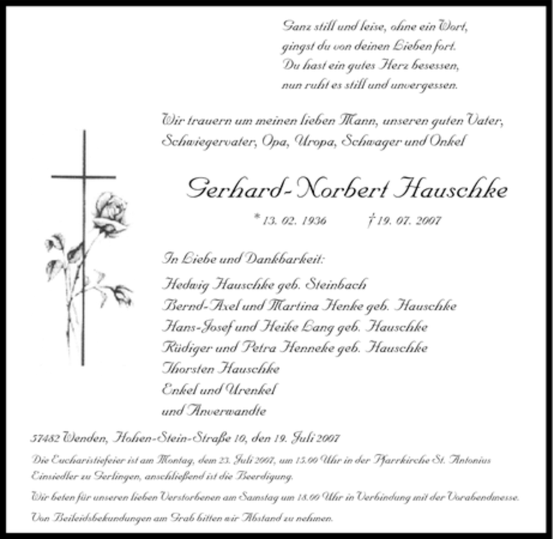  Traueranzeige für Gerhard-Norbert Hauschke vom 21.07.2007 aus Tageszeitung