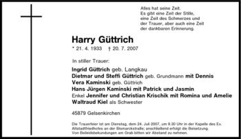 Traueranzeige von Harry Güttrich von Tageszeitung