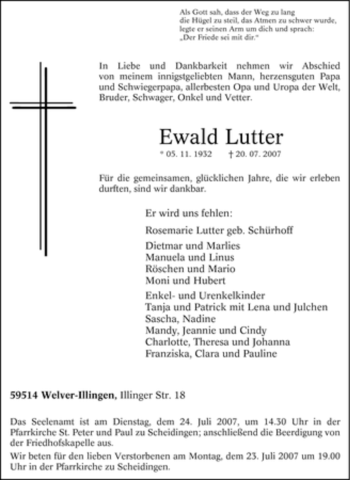 Traueranzeige von Ewald Lutter von Tageszeitung